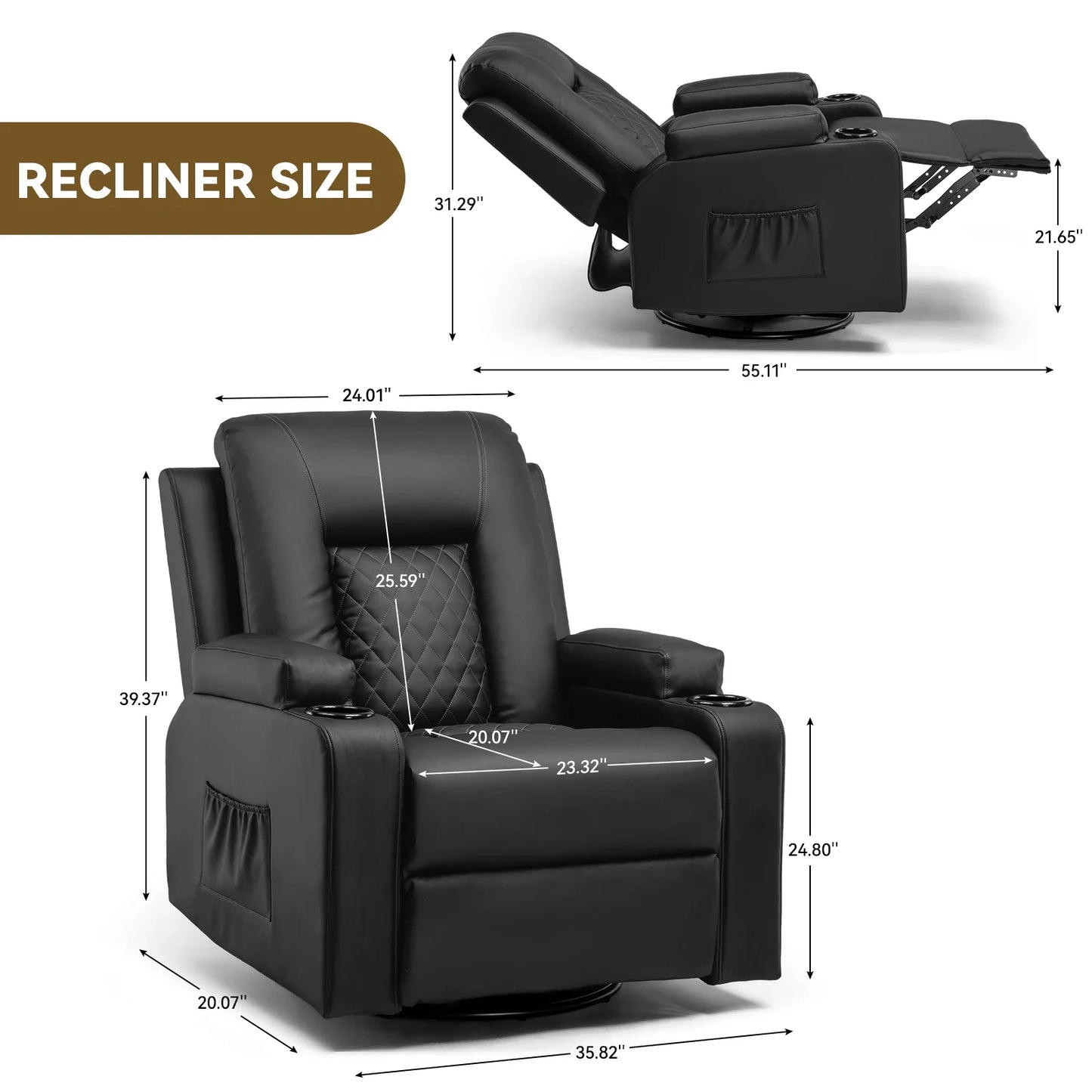 COMHOMA Recliner Armchair Rocker Reclining Chair with Massage & Heat Padded Seat Extended Footrest Oversized Swivel Lounge Sofa