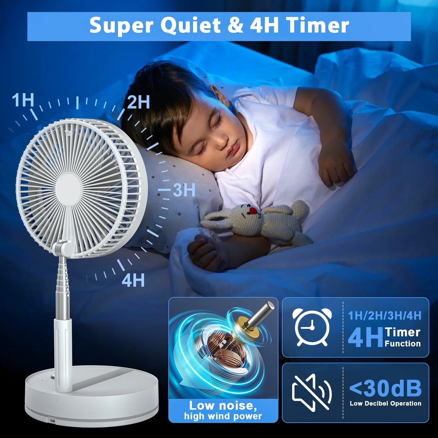 9" Mini Folding Portable Fan Air Cooler USB Rechargeable Wireless Floor Standing Fan Remote Control for Camping  Desk Home