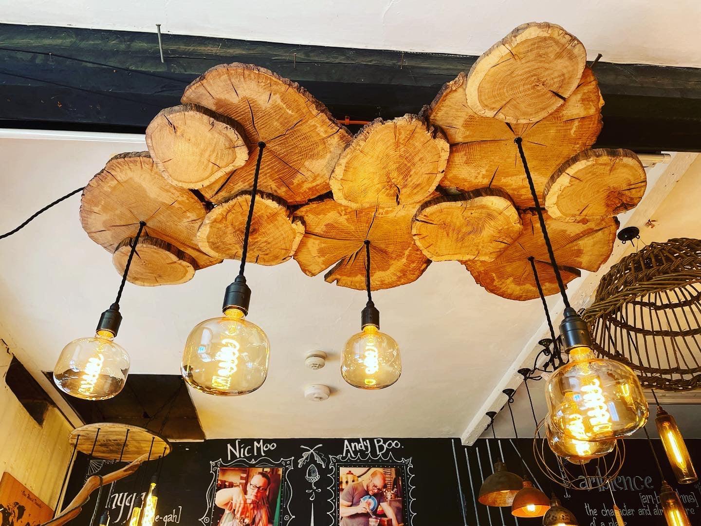 Oak log slice chandelier