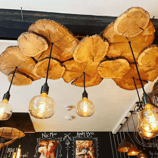 Oak log slice chandelier