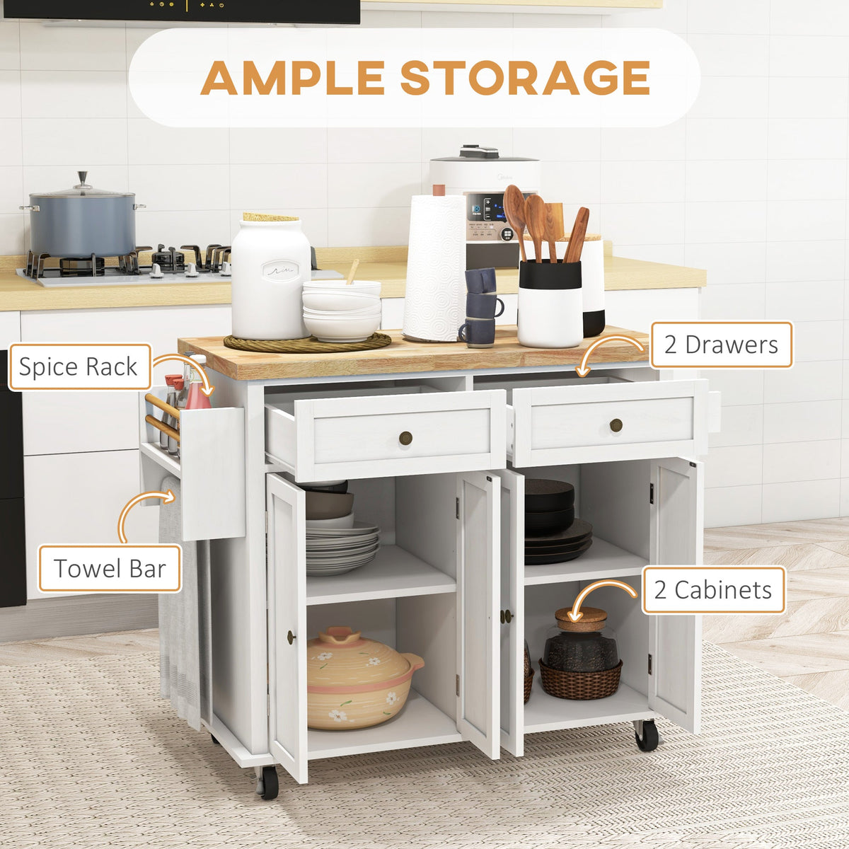 HOMCOM Rolling Kitchen Island Cart with Rubber Wood Top