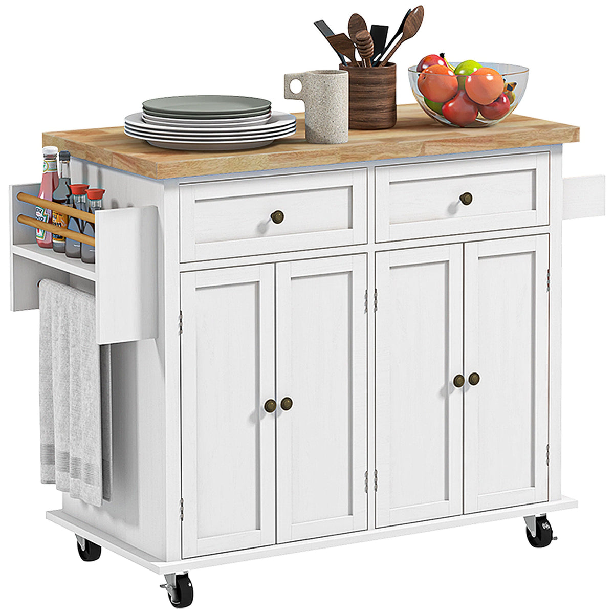 HOMCOM Rolling Kitchen Island Cart with Rubber Wood Top