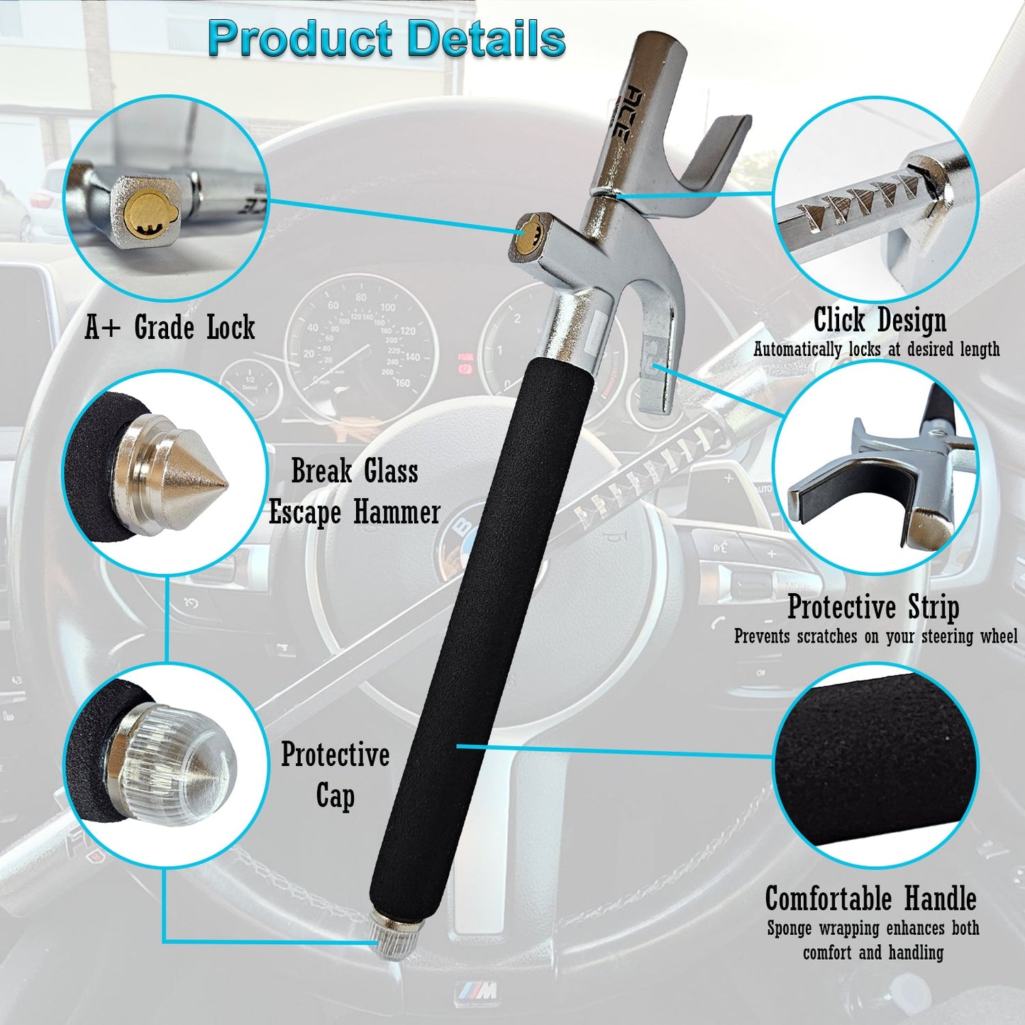 ACE Car Steering Wheel Lock, heavy-duty, adjustable, double hook steering lock with emergency exit