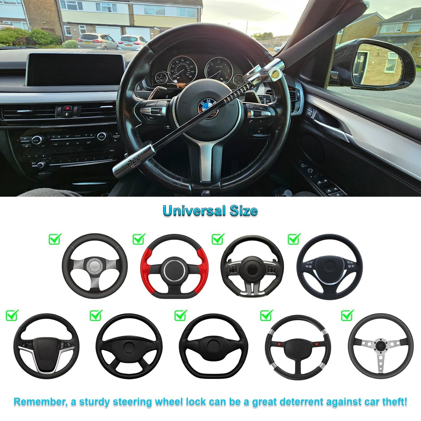 ACE Car Steering Wheel Lock, heavy-duty, adjustable, double hook steering lock with emergency exit