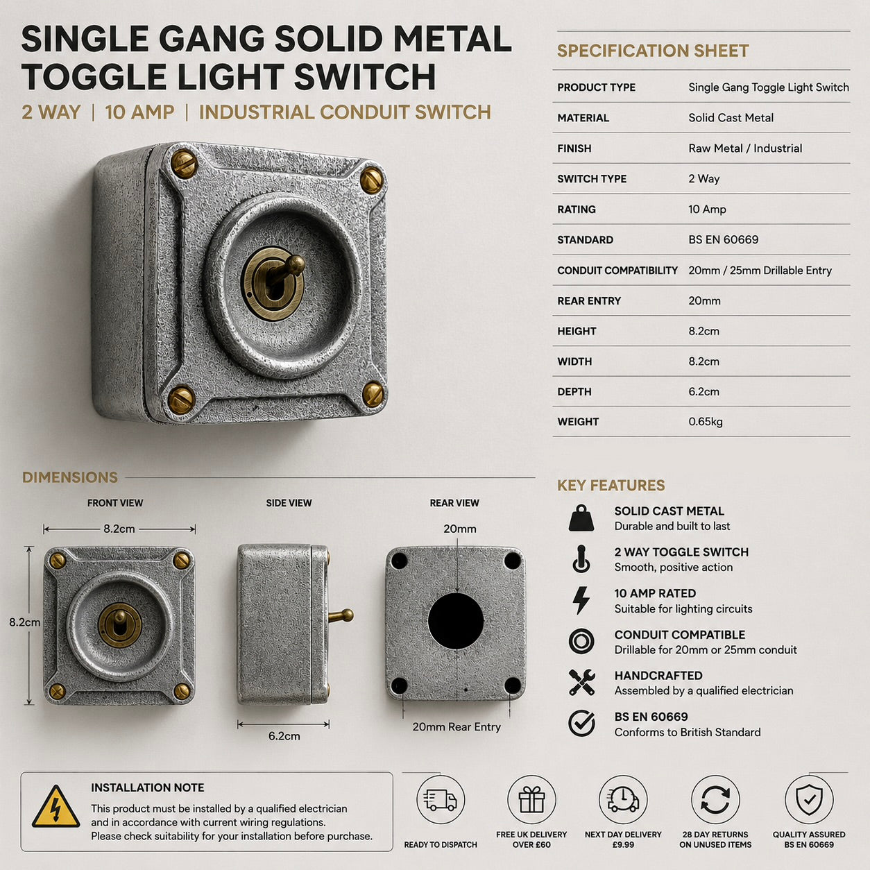 Single Gang Solid Metal Toggle Light Switch | 2 Way 10 Amp Industrial Conduit Switch