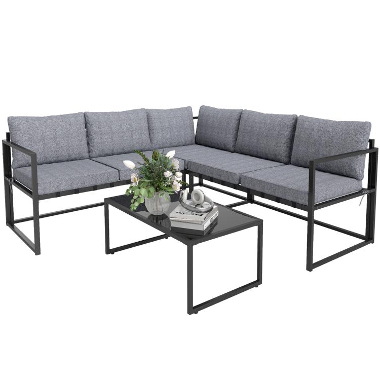 Three-Piece L Shaped Garden Furniture Set with Cushions - Grey