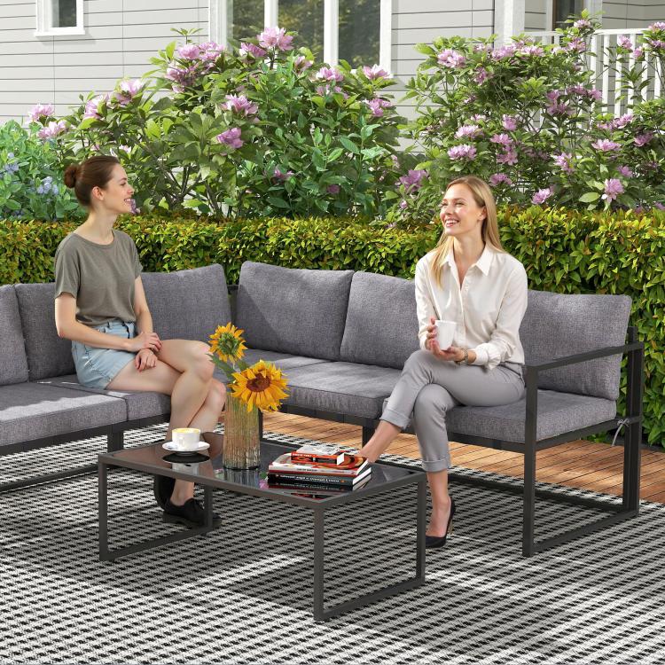 Three-Piece L Shaped Garden Furniture Set with Cushions - Grey