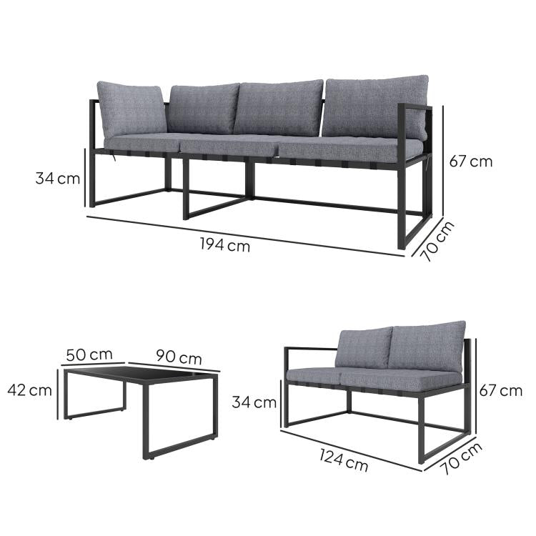 Three-Piece L Shaped Garden Furniture Set with Cushions - Grey