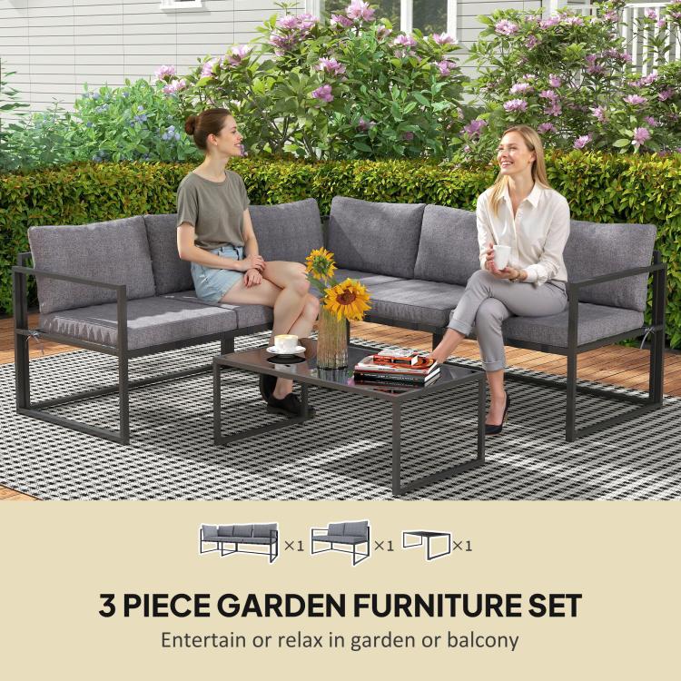 Three-Piece L Shaped Garden Furniture Set with Cushions - Grey