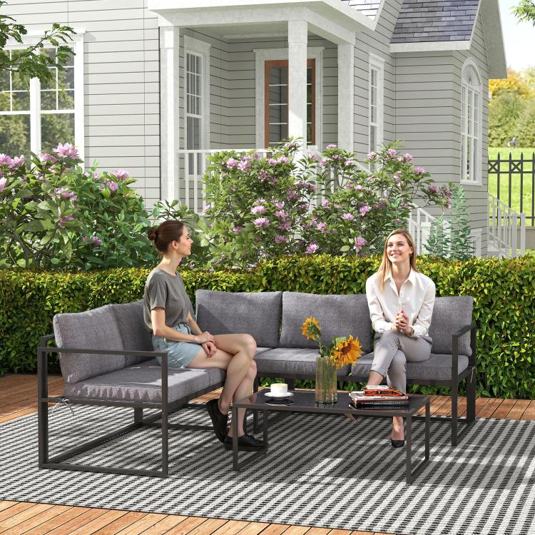 Three-Piece L Shaped Garden Furniture Set with Cushions - Grey