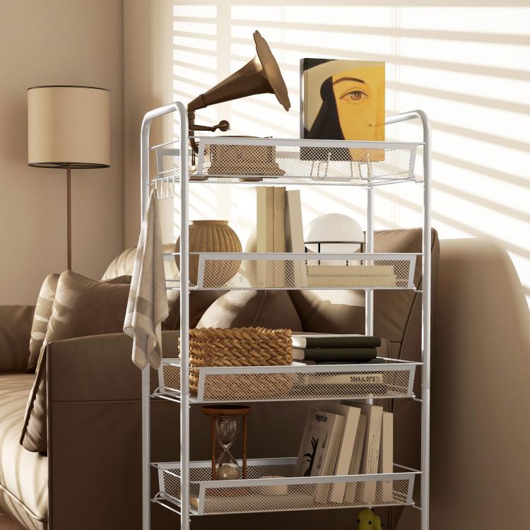 Five-Steel Mesh Basket Storage Trolley, with Wheels - White