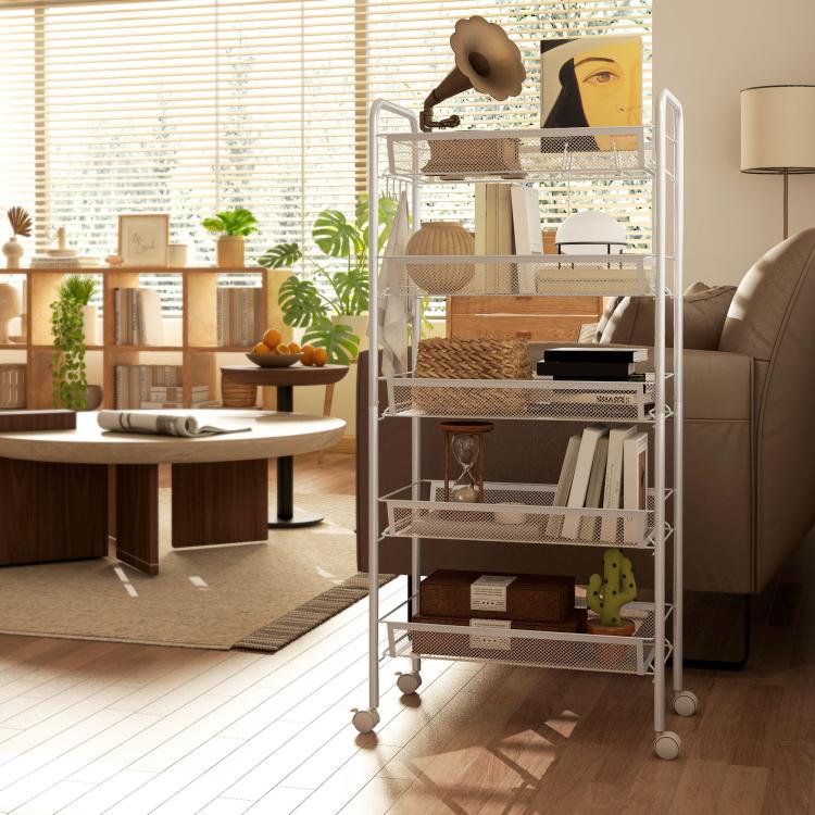 Five-Steel Mesh Basket Storage Trolley, with Wheels - White