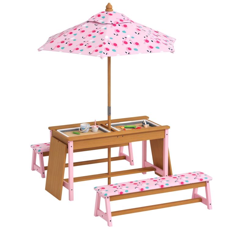 Kids Picnic Table Set with Removable & Foldable Umbrella, Storage Boxes, Flamingo Theme, Pink