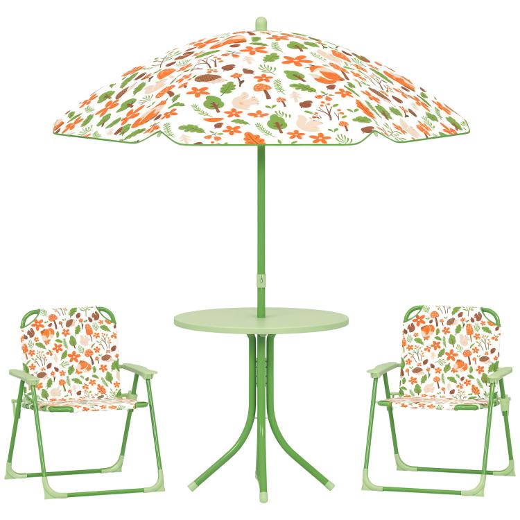 4-Piece Kids Garden Table and Chair Set with Adjustable Parasol, Folding Chairs, Table, Nature Pattern, Green