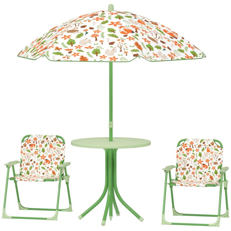 4-Piece Kids Garden Table and Chair Set with Adjustable Parasol, Folding Chairs, Table, Nature Pattern, Green