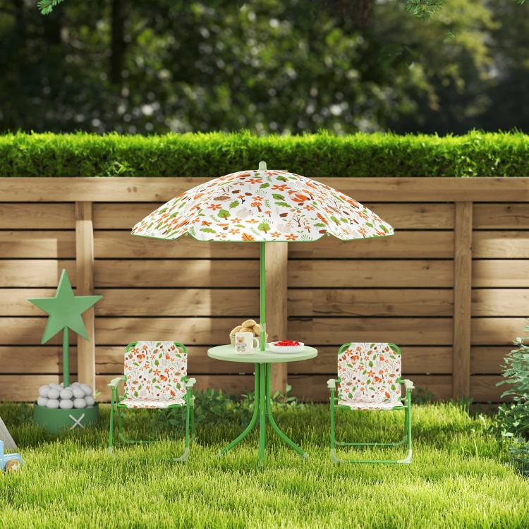 4-Piece Kids Garden Table and Chair Set with Adjustable Parasol, Folding Chairs, Table, Nature Pattern, Green