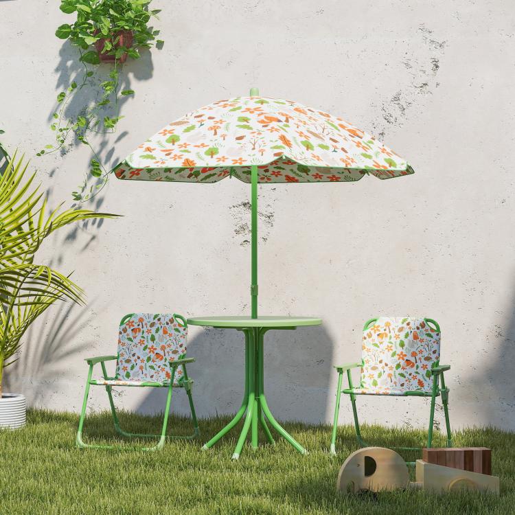 4-Piece Kids Garden Table and Chair Set with Adjustable Parasol, Folding Chairs, Table, Nature Pattern, Green