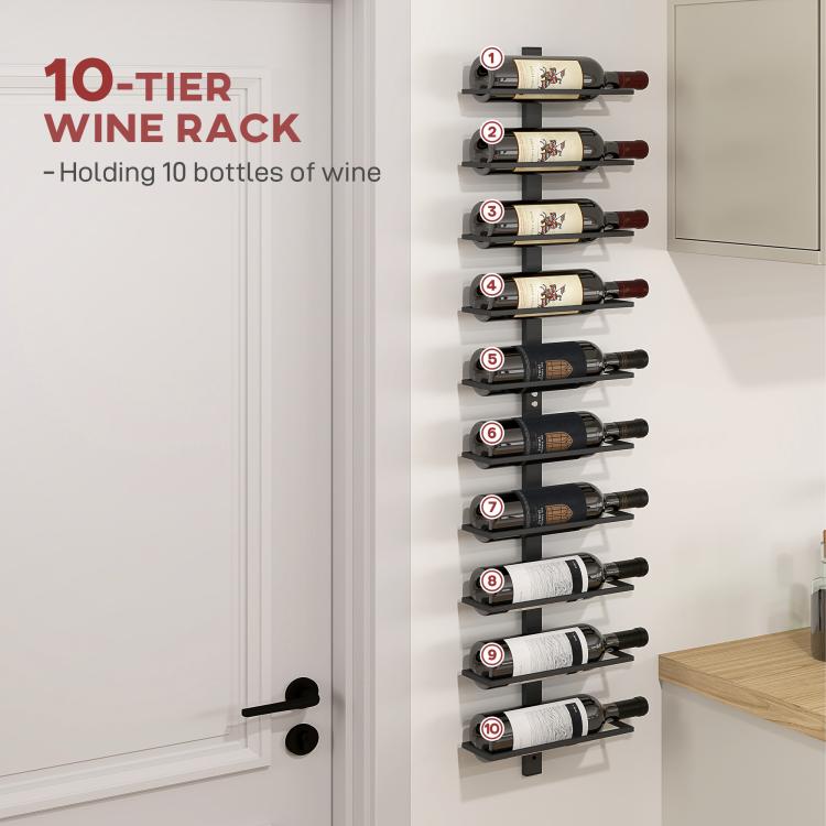 Wine Rack, Wall Mounted, 10 Tier Metal Wine Display Rack, Storage Holder for Kitchen, Dining Room, Bar, Cellar, Black