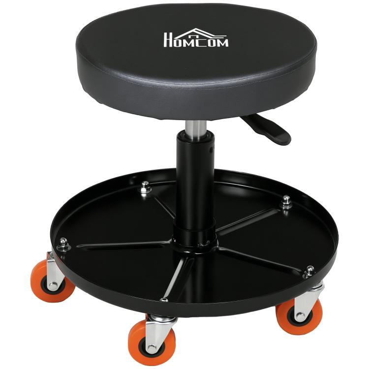 Rolling Mechanical Stool, Pneumatic Adjustable Workshop Stool with Tool Tray, Wheels - Black