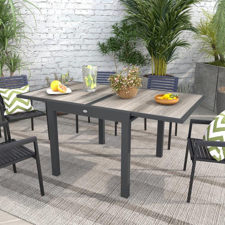 Extending Garden Table, Outdoor Dining Table for 6, Aluminium Frame Rectangular Patio Table with Plastic Board Tabletop,80/160L x 80W x 75H cm, Grey
