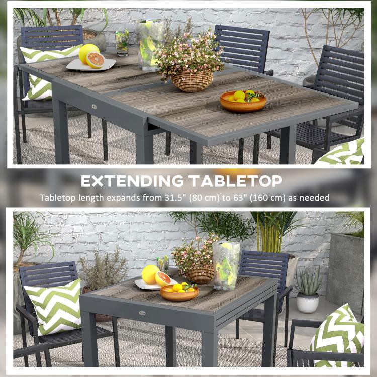 Extending Garden Table, Outdoor Dining Table for 6, Aluminium Frame Rectangular Patio Table with Plastic Board Tabletop,80/160L x 80W x 75H cm, Grey
