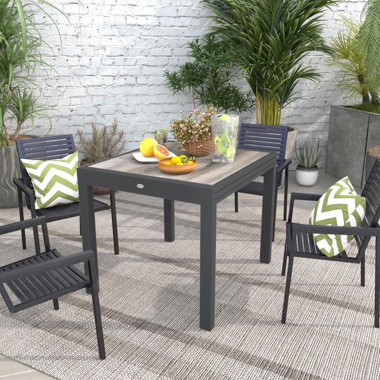 Extending Garden Table, Outdoor Dining Table for 6, Aluminium Frame Rectangular Patio Table with Plastic Board Tabletop,80/160L x 80W x 75H cm, Grey