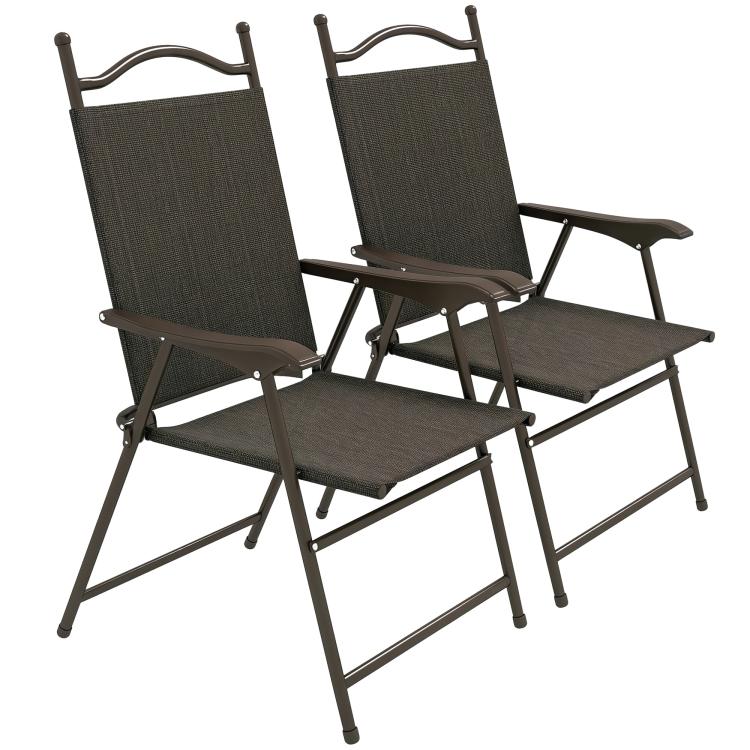 Set of Two Folding Garden Chairs, with Fabric Mesh Seats - Dark Brown