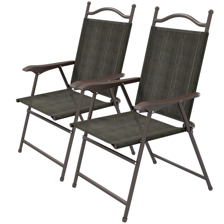 Set of Two Folding Garden Chairs, with Fabric Mesh Seats - Dark Brown