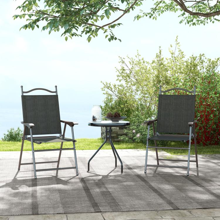 Set of Two Folding Garden Chairs, with Fabric Mesh Seats - Dark Brown