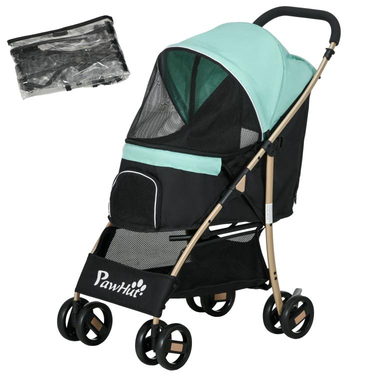 Pet Stroller for Small and Miniature Dogs, with Rain Cover - Green