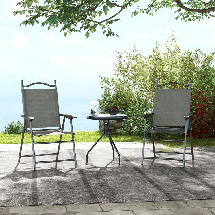 Set of Two Folding Garden Chairs, with Fabric Mesh Seats - Dark Grey