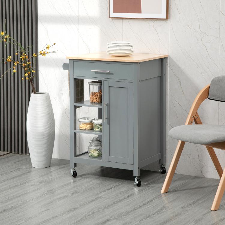 Compact Kitchen Trolley Utility Cart on Wheels with Open Shelf & Storage Drawer for Dining Room, Kitchen, Grey