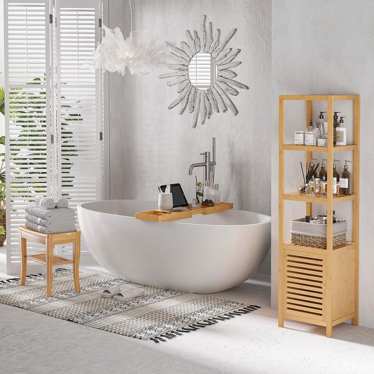 45cm 2-Tier Slatted Shower Bench Storage Seat w/ 4 Legs Comfortable Safe Bathroom Stool Spa Bath Organiser