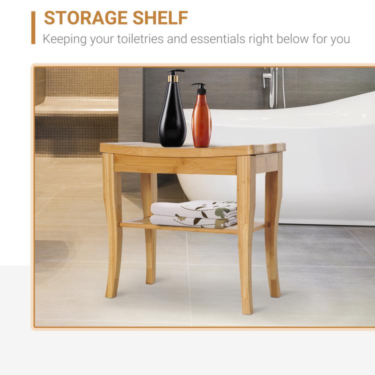 45cm 2-Tier Slatted Shower Bench Storage Seat w/ 4 Legs Comfortable Safe Bathroom Stool Spa Bath Organiser
