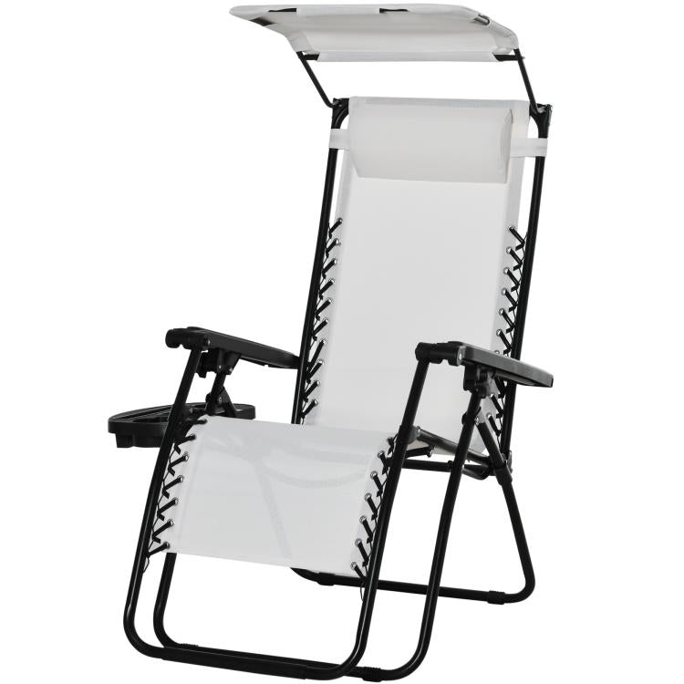Zero Gravity Garden Folding Patio Sun Lounger w/Cup Holder & Canopy Shade White