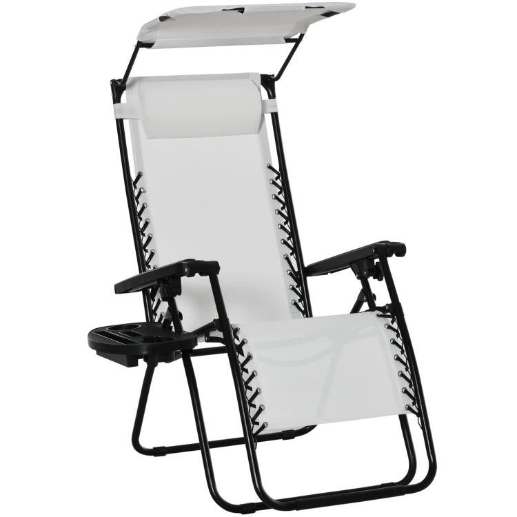 Zero Gravity Garden Folding Patio Sun Lounger w/Cup Holder & Canopy Shade White