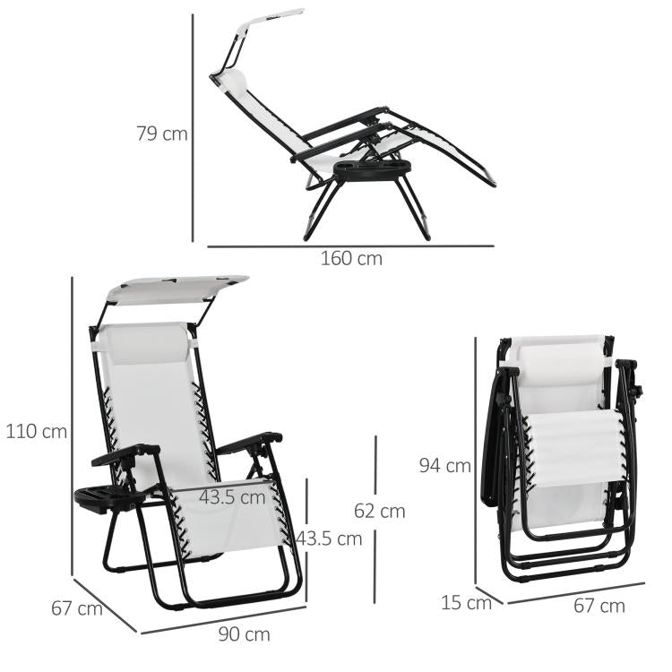Zero Gravity Garden Folding Patio Sun Lounger w/Cup Holder & Canopy Shade White