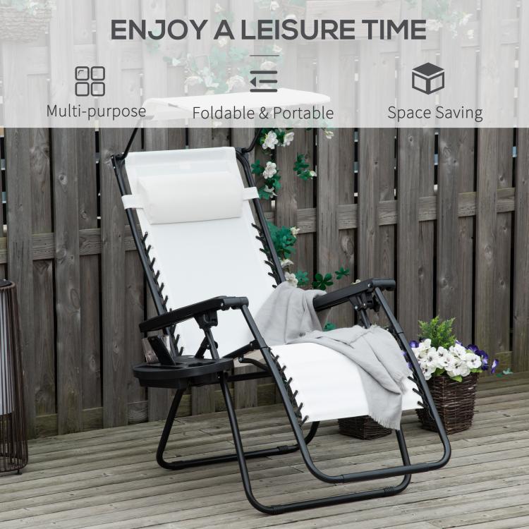 Zero Gravity Garden Folding Patio Sun Lounger w/Cup Holder & Canopy Shade White