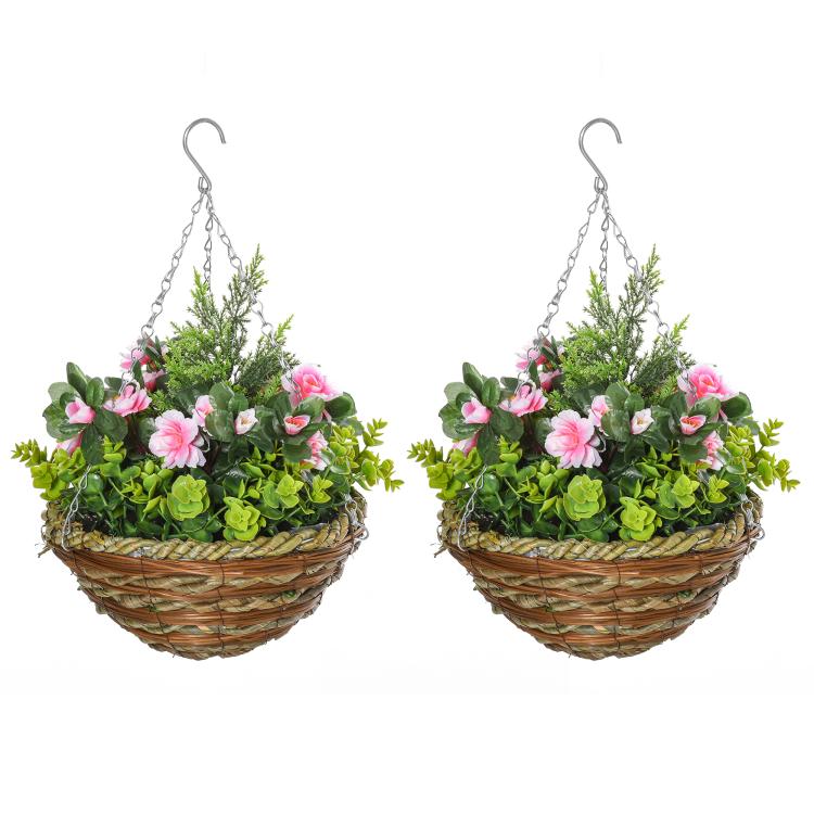 Set of Two Hanging Lisianthus Flower Pots - Pink/Green