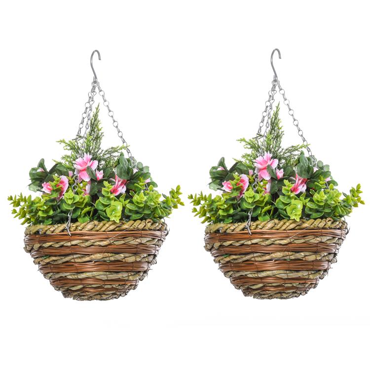 Set of Two Hanging Lisianthus Flower Pots - Pink/Green
