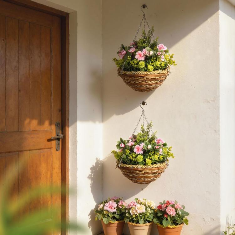 Set of Two Hanging Lisianthus Flower Pots - Pink/Green