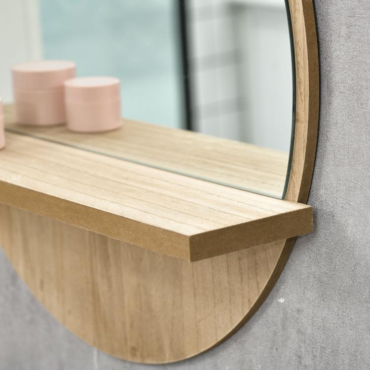 45cm Round Home Mirror, with Shelf - Natural Wood Effect