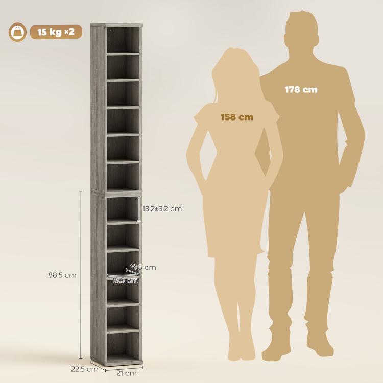 Set of 2 CD Media Display Shelf Unit Tower Rack with Adjustable Shelves, Mocha Wood Effect
