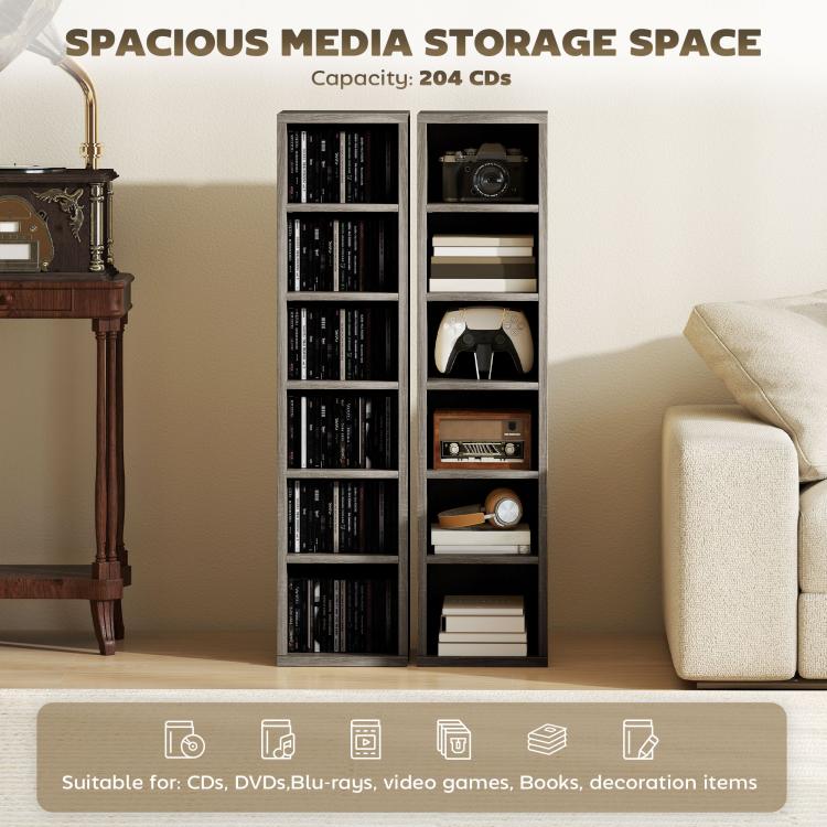 Set of 2 CD Media Display Shelf Unit Tower Rack with Adjustable Shelves, Mocha Wood Effect