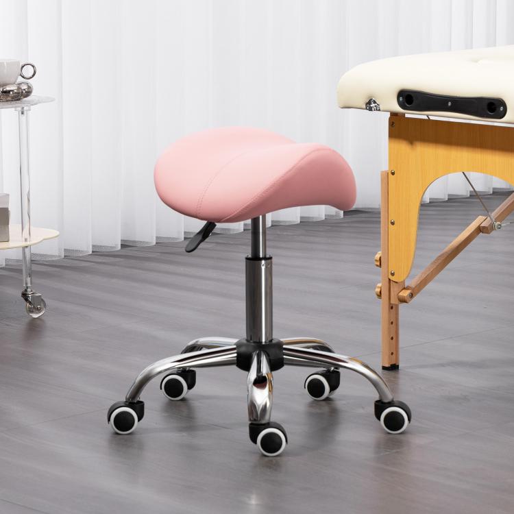 Saddle Stool, Height Adjustable Salon Chair for Massage Spa, Faux Leather, Pink
