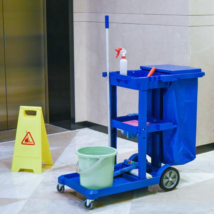 Janitor Cleaning Trolley, with Bin, Shelves and Hooks - Blue