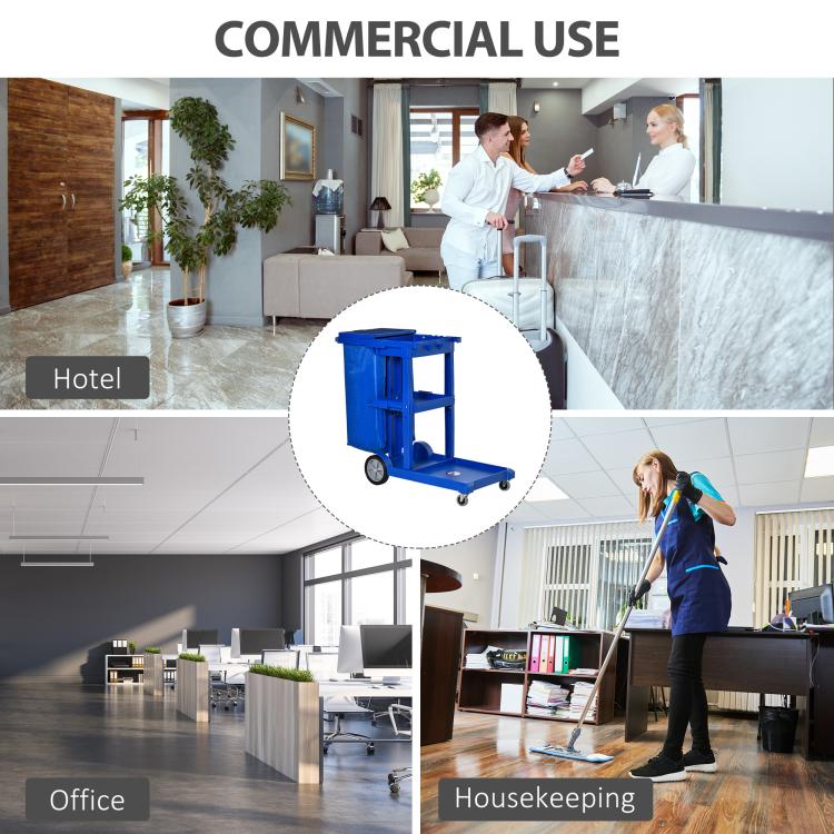 Janitor Cleaning Trolley, with Bin, Shelves and Hooks - Blue