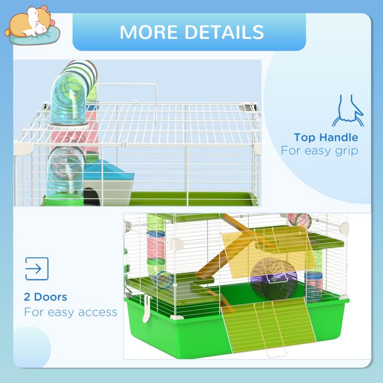 Hamster Cage w/ Water Bottle, Exercise Wheel, Tubes, Ramps - Green