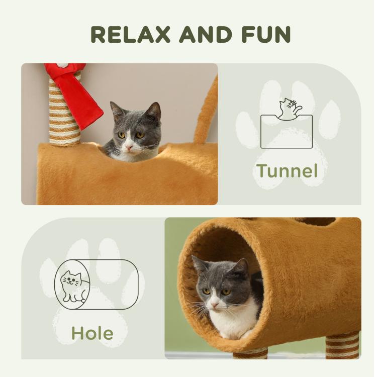 98cm Deer-Designed Cat Tree with Scratching Posts, Toy Ball, Tunnel, Brown