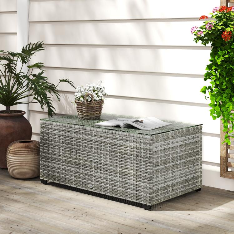 90 x 50cm Glass-Top Rattan Side Table - Light Grey